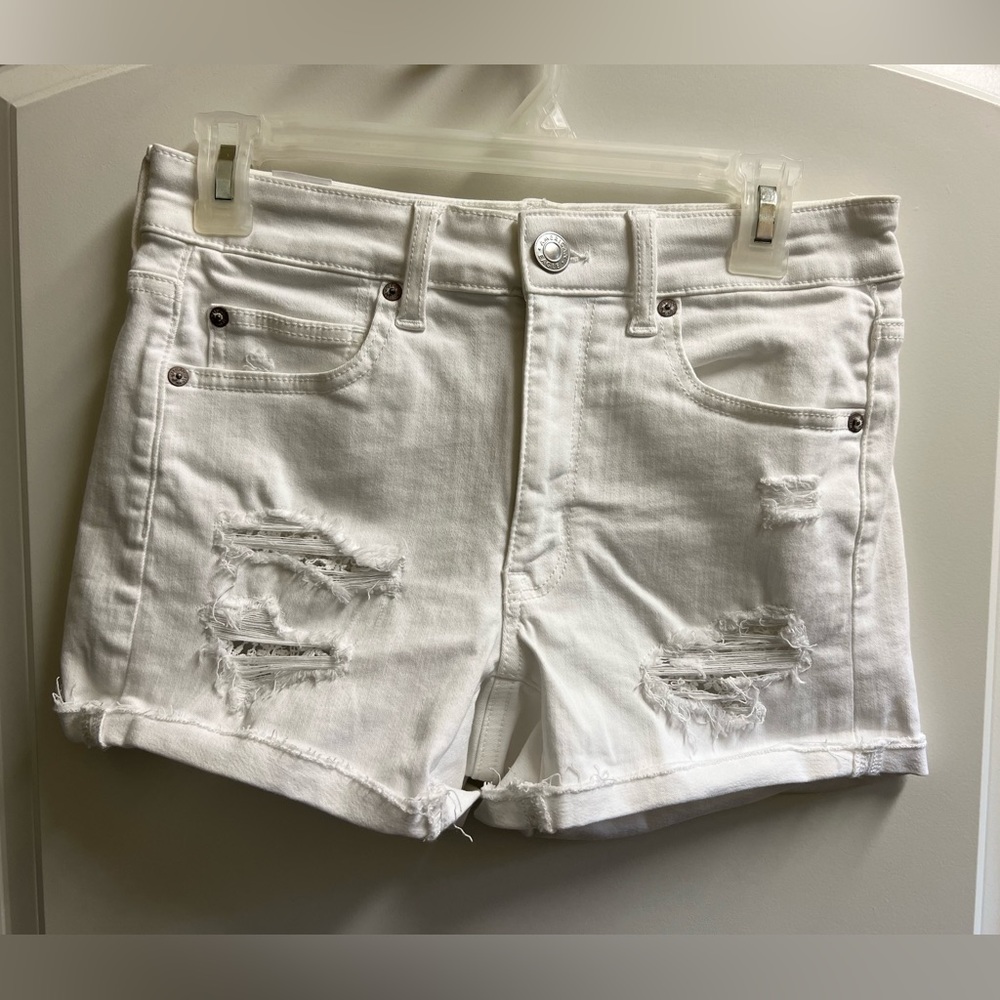 American Eagle White Next Level Stretch Distressed Floral Lace Denim Shorts 6